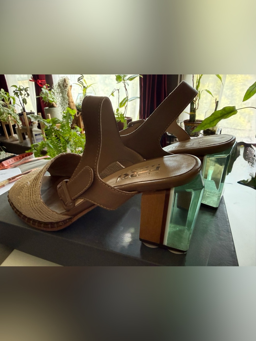 FERRI
Womens Tan Leather Slingback Sandals with Aqua Block Heel - Picture 3 of 11